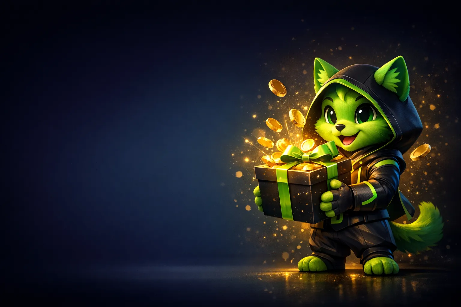 Futuristic BC Game bonus hero image with glowing cosmic robot mascot on deep navy background with gold accent lighting